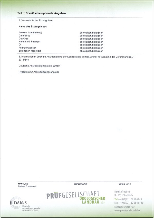 BIO-Zertifikat für Mansuris Seite 2.